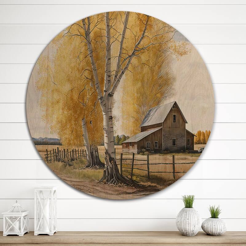Designart "Yellow Barn In Spring VII" Farmhouse / Country Wood Wall Art